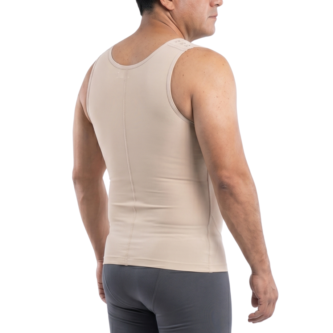 Faja franelilla para caballero de alta compresión. Ideal para presoterapia y uso diario. Controla abdomen y cintura, y actúa como corrector de postura. Fabricada en Powernet y Spandex con gafetes frontales.