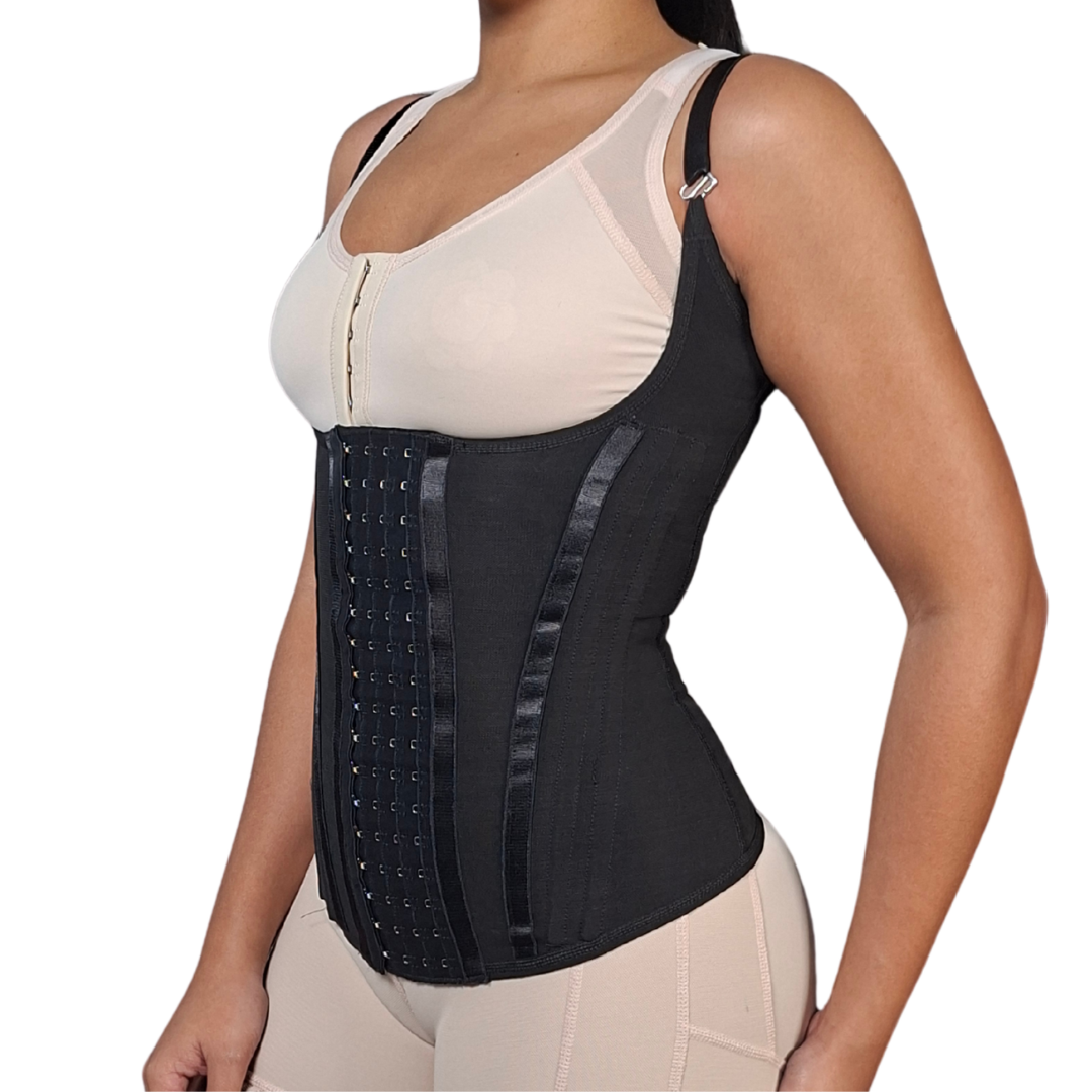 Cinturilla tipo chaleco de alta compresión con 8 varillas metálicas. Ideal para uso diario. Controla y moldea la cintura y abdomen, proporciona soporte lumbar y dorsal, mejora la postura. Fabricada en Powernet y Spandex con gafetes.