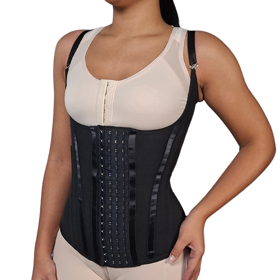 Cinturilla tipo chaleco de alta compresión con 8 varillas metálicas. Ideal para uso diario. Controla y moldea la cintura y abdomen, proporciona soporte lumbar y dorsal, mejora la postura. Fabricada en Powernet y Spandex con gafetes.