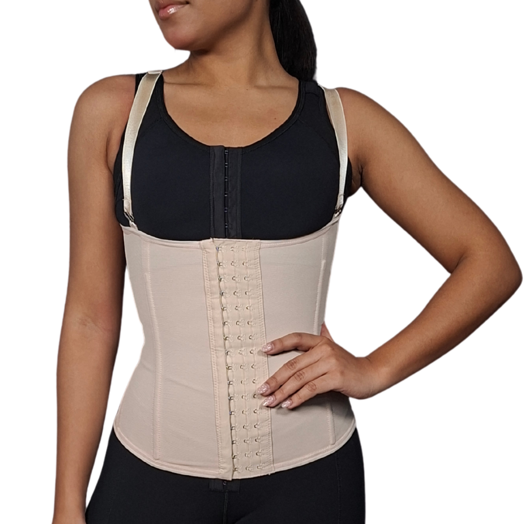 Cinturilla tipo chaleco de alta compresión con 4 varillas metálicas. Ideal para uso diario. Controla y moldea la cintura, proporciona soporte lumbar y corrige la postura. Fabricada en Powernet y Spandex con gafetes frontales.