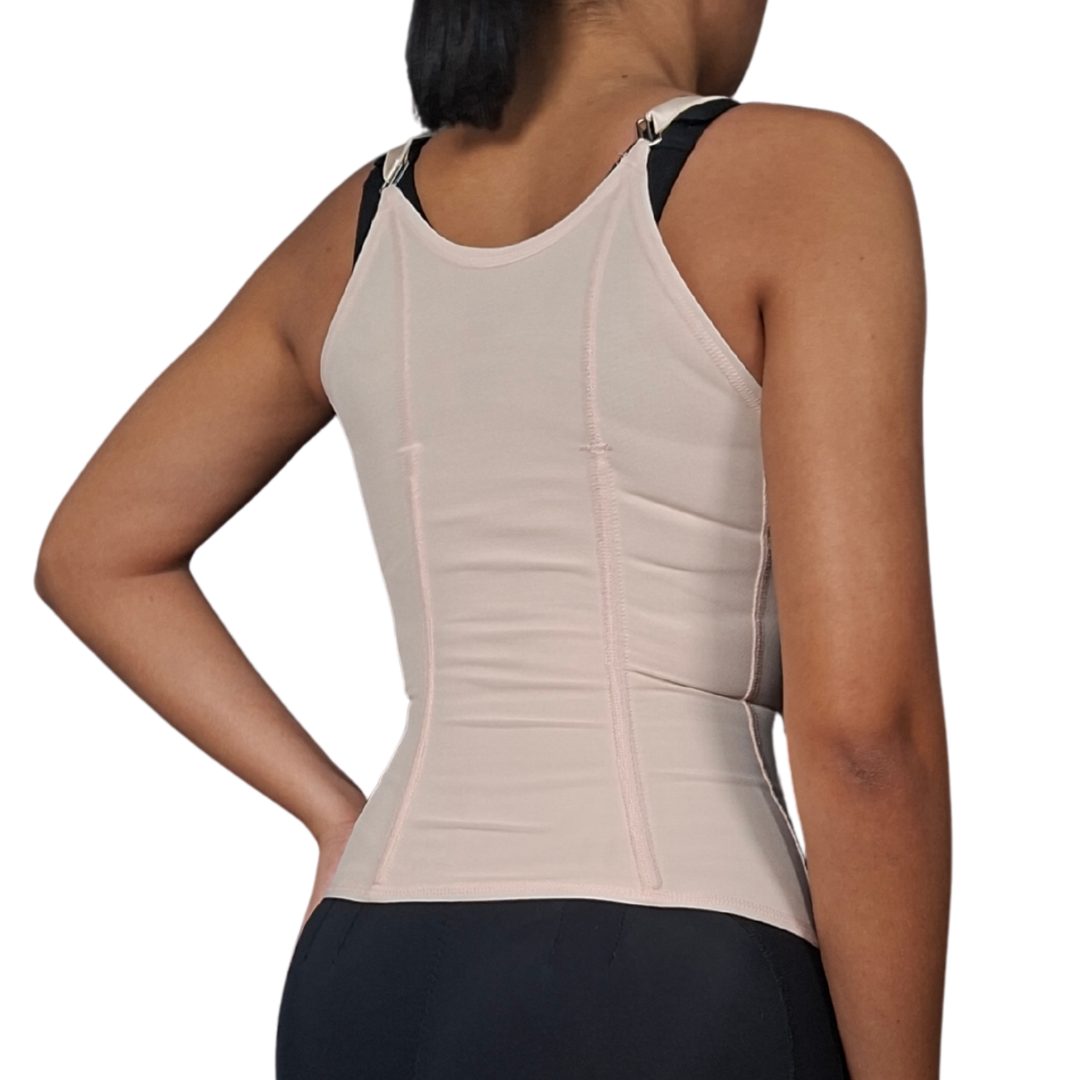 Cinturilla tipo chaleco de alta compresión con 4 varillas metálicas. Ideal para uso diario. Controla y moldea la cintura, proporciona soporte lumbar y corrige la postura. Fabricada en Powernet y Spandex con gafetes frontales.