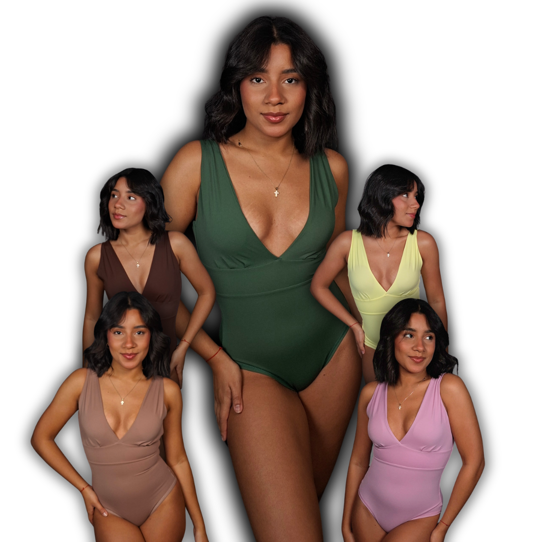 Body moldeador exterior de colores con cuello de corte en V pronunciado, mangas sisa y faja de alta compresión interna integrada.